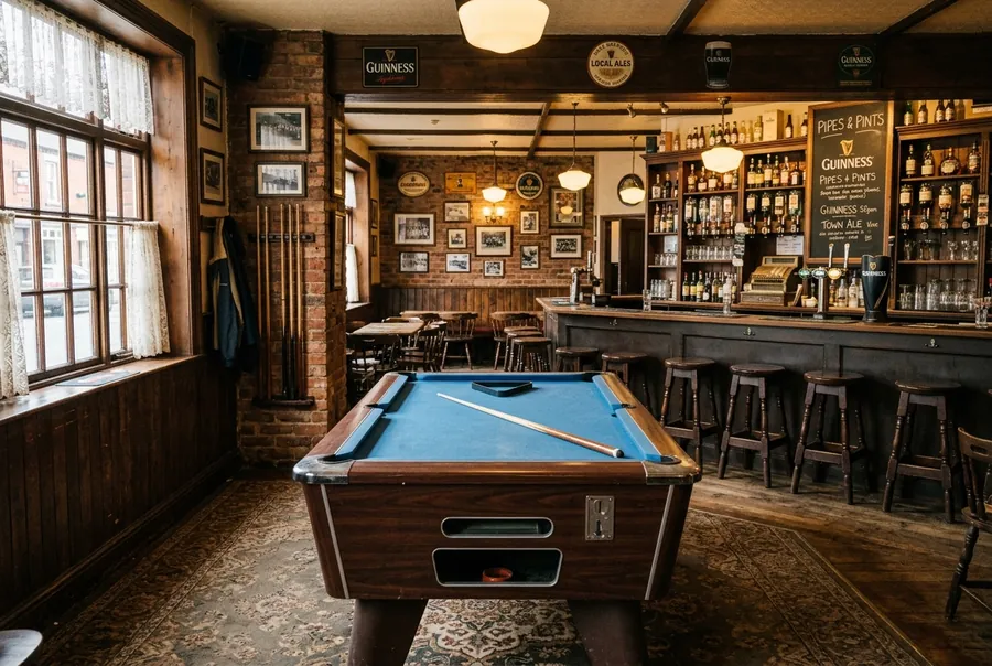 A pool table in a bar with stools and liquor shelves behind it